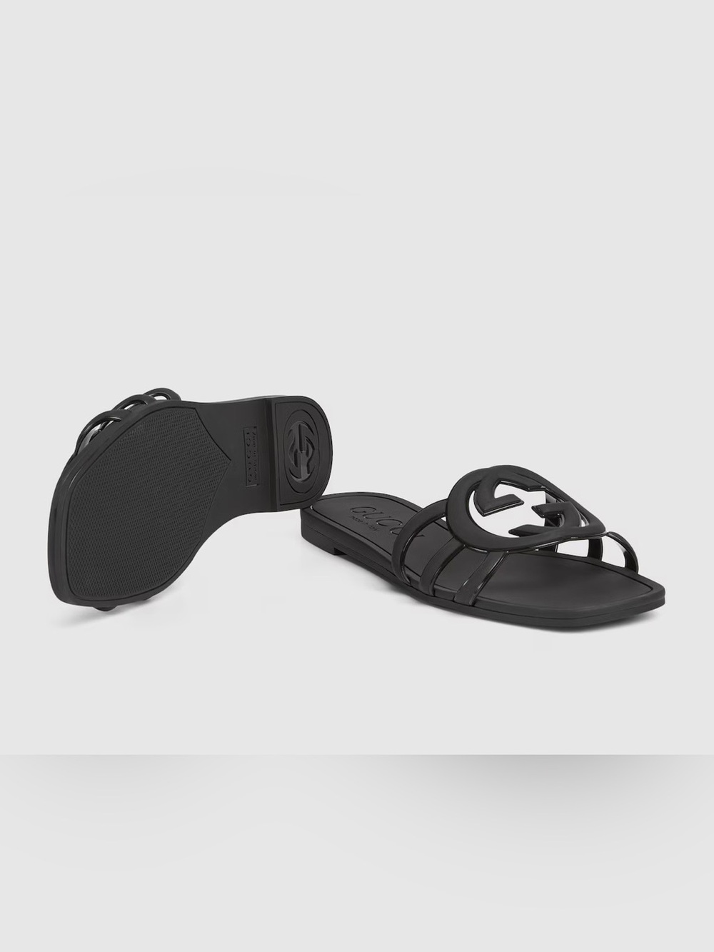 Black Interlocking G Rubber Slide Sandals